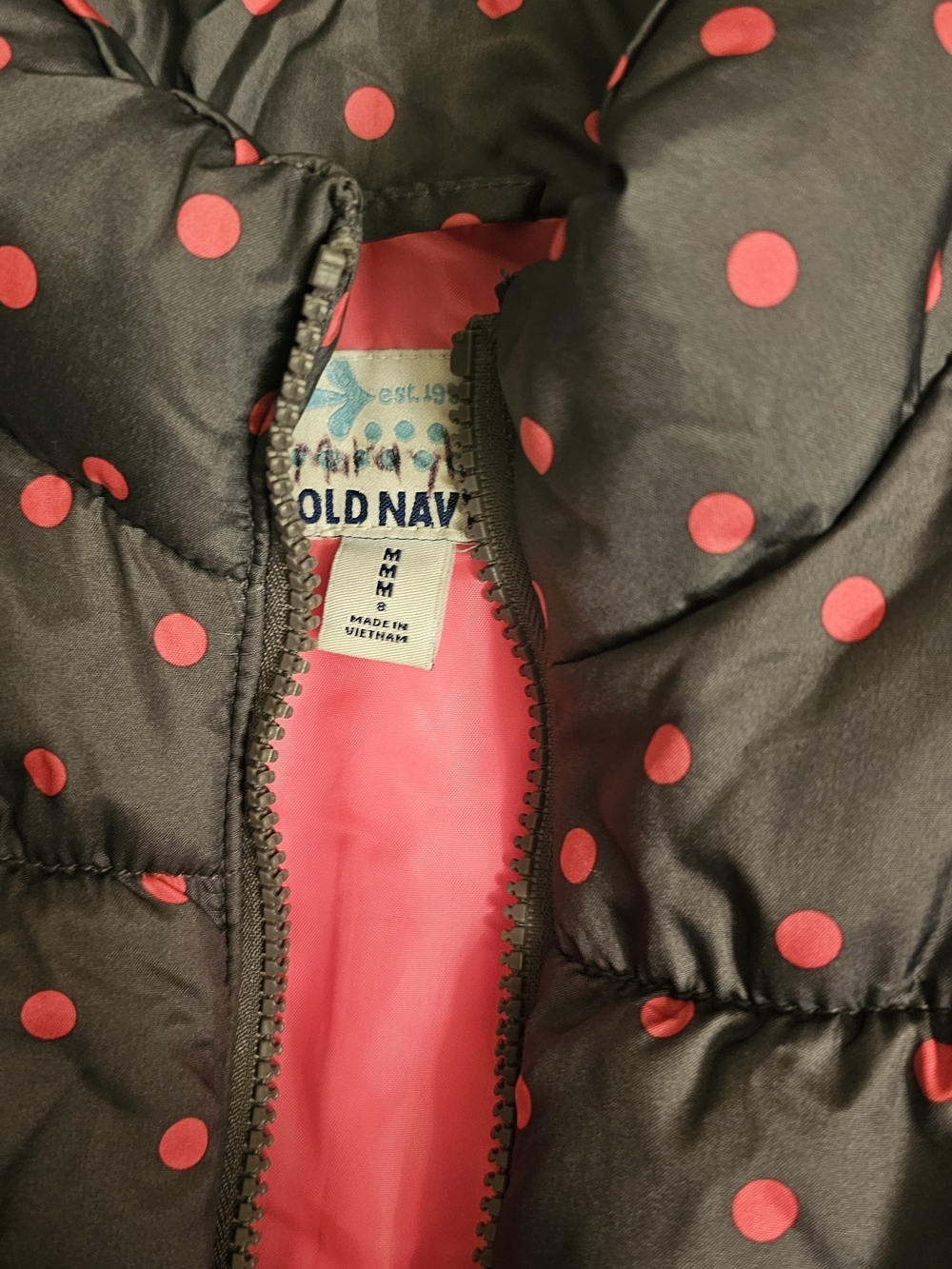 Old Navy Black Puffer Jacket with Pink Polka Dots